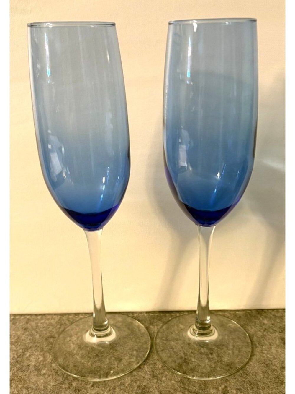2 Blue w/ Clear Stems 9.25" Champagne / Wine Glasses  # 3381